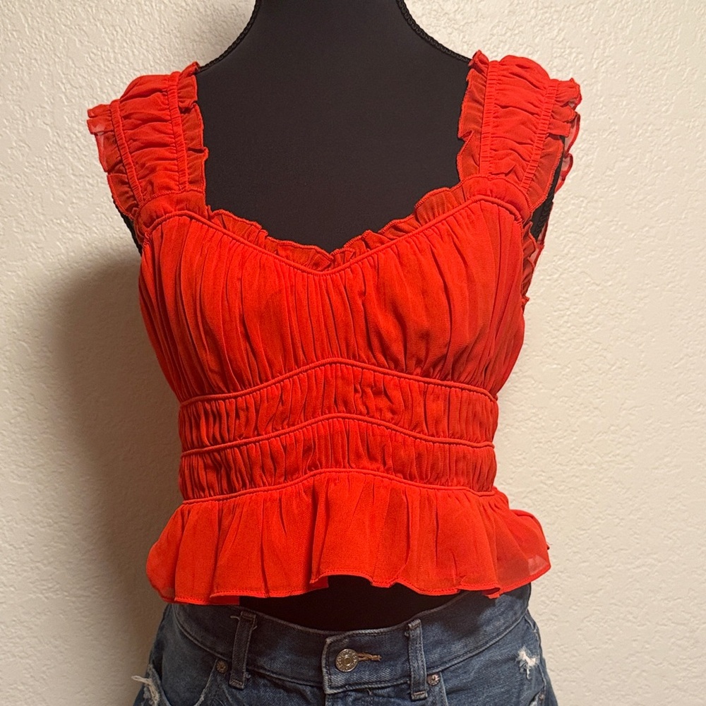 Astr the Label Red Ruffled Crop Top, Square Back & Sweetheart Neckline